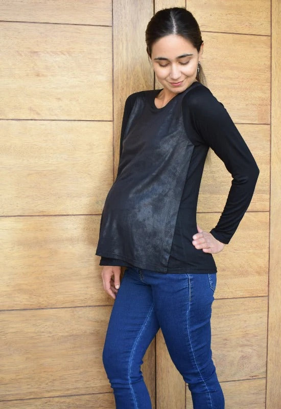 Polera Maternal Y Lactancia Maria Negro Foil talla S y M