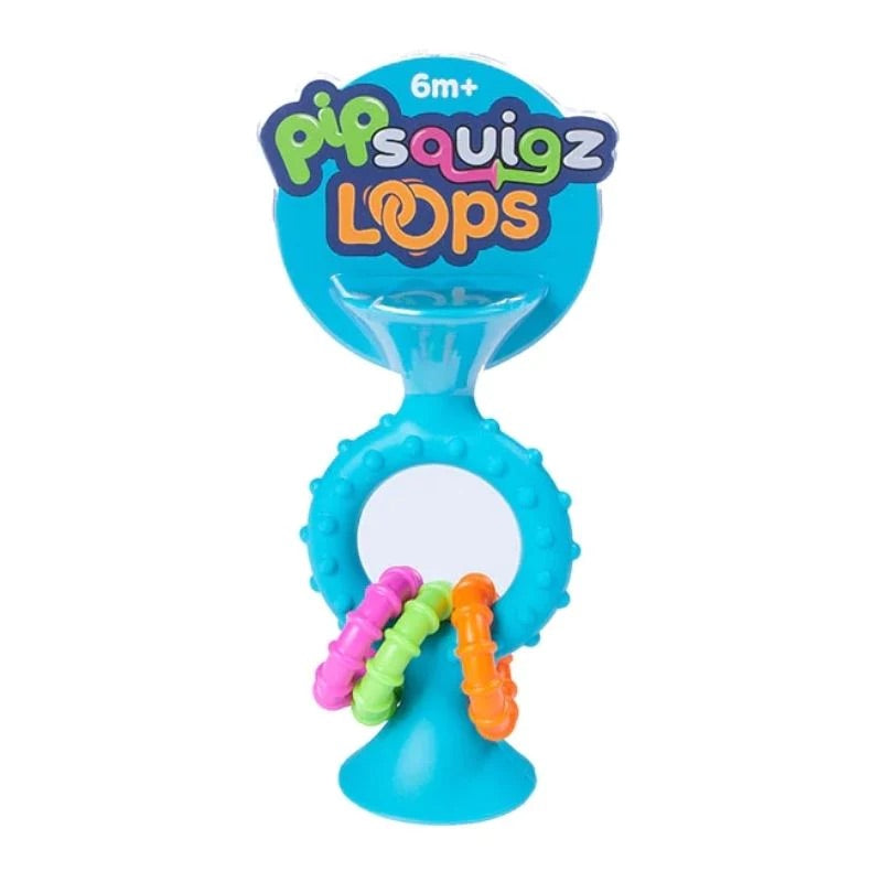 PipSquigz Loops, Mordedor y Sonajero sensorial Celeste - Fat Brain Toys